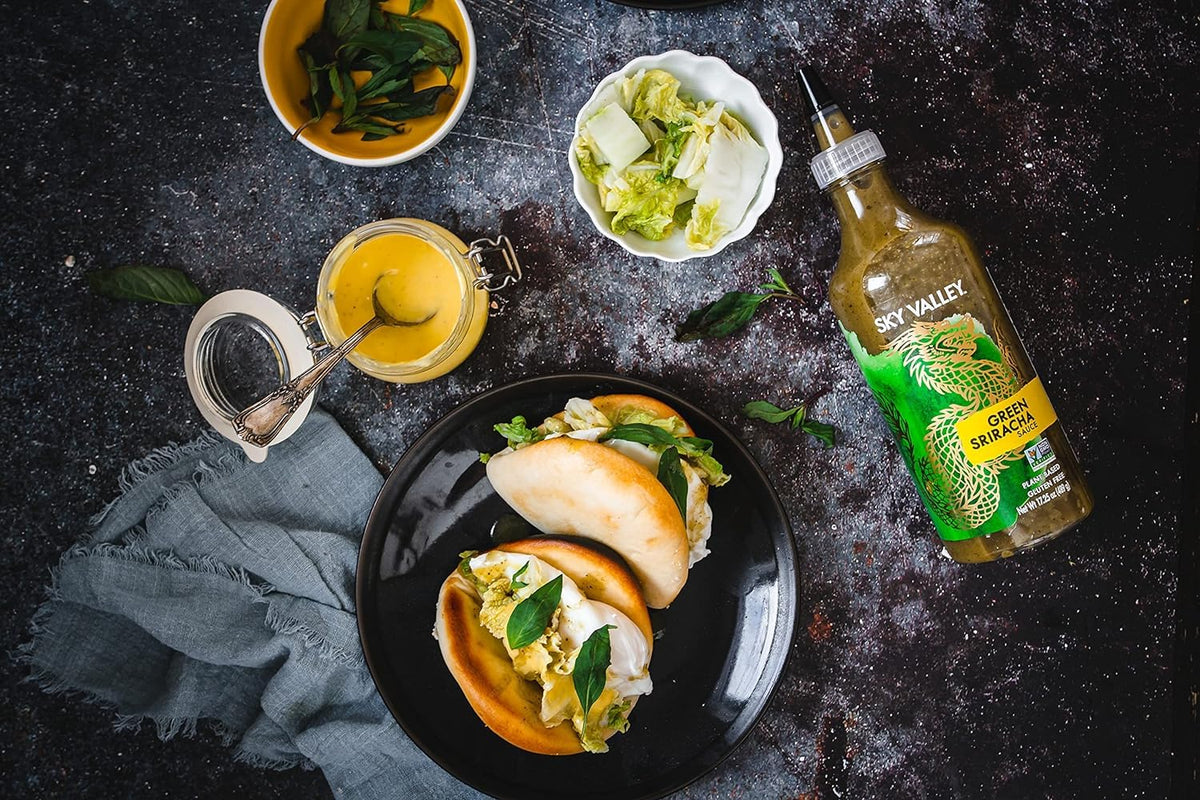 Sky Valley Sriracha bottle on shelf; travel-friendly heat in your pantry