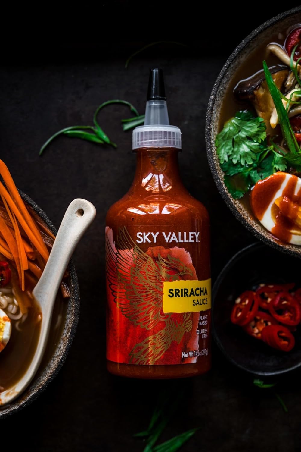 Sky Valley Sriracha on eggs and toast adds bold flavor.