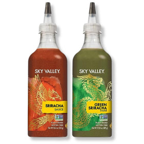 Sky Valley Sriracha green bottle pour showing bold plant-based heat for any dish