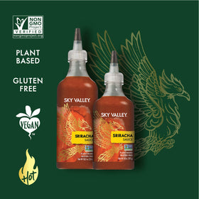 Sky Valley Sriracha label closeup emphasizes gluten-free, vegan ingredients.