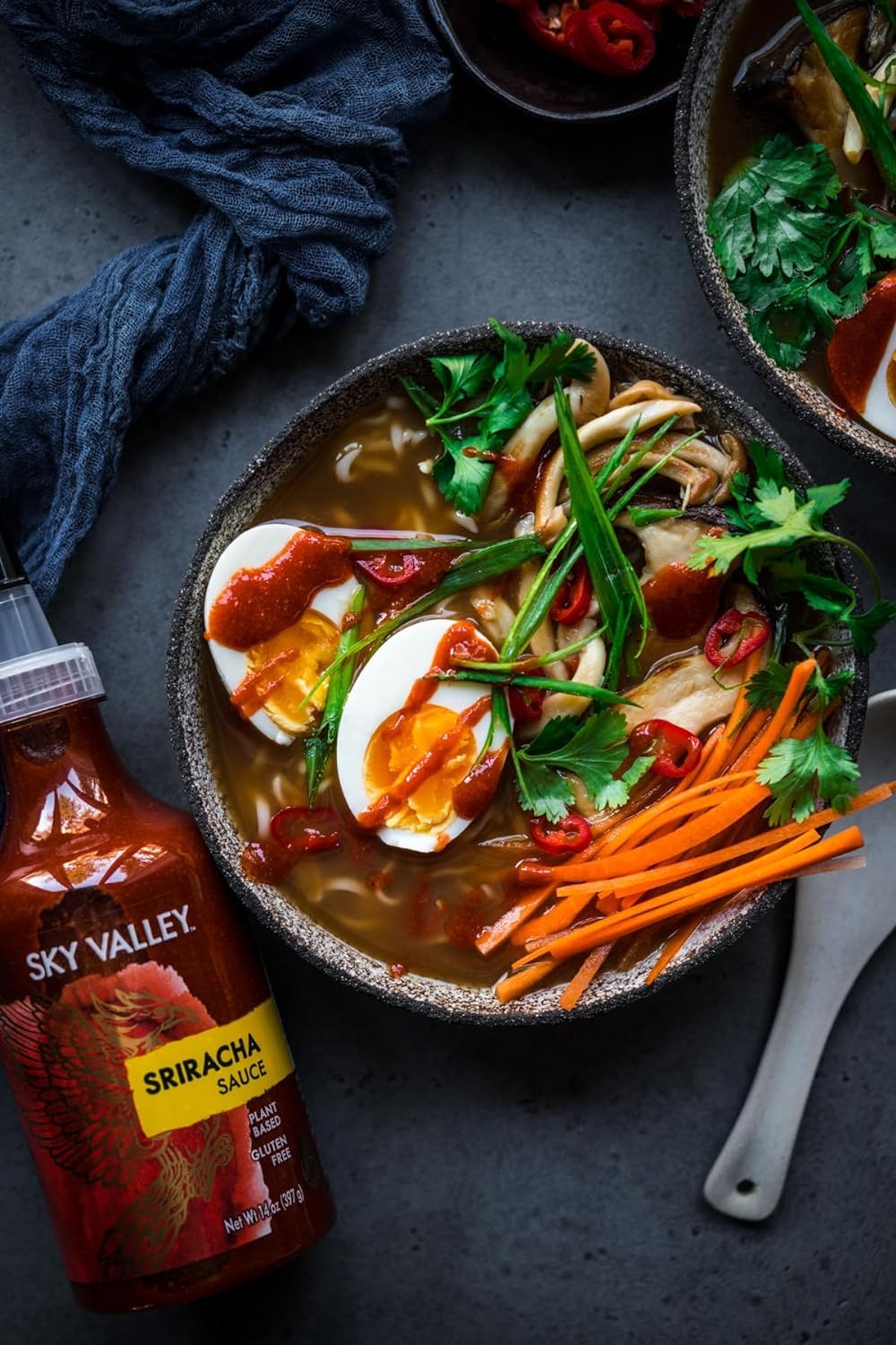 Sky Valley Sriracha tofu ramen use highlights vegan, non-GMO heat.