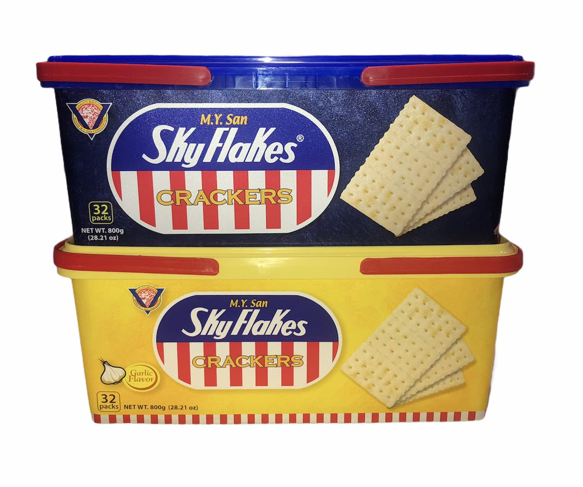 Skyflakes original label close-up, crisp texture cue for on-the-go eating.