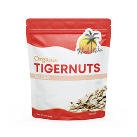 Skyland Kitchen Organic Sliced Tigernuts 12oz – front packaging shows a nut-free, raw snack.