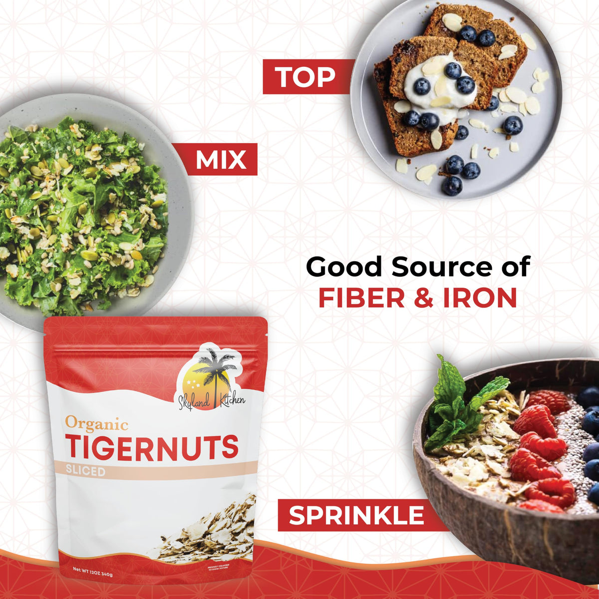 Skyland Kitchen Organic Sliced Tigernuts 12oz – fiber-rich texture detail for a gut-friendly snack.