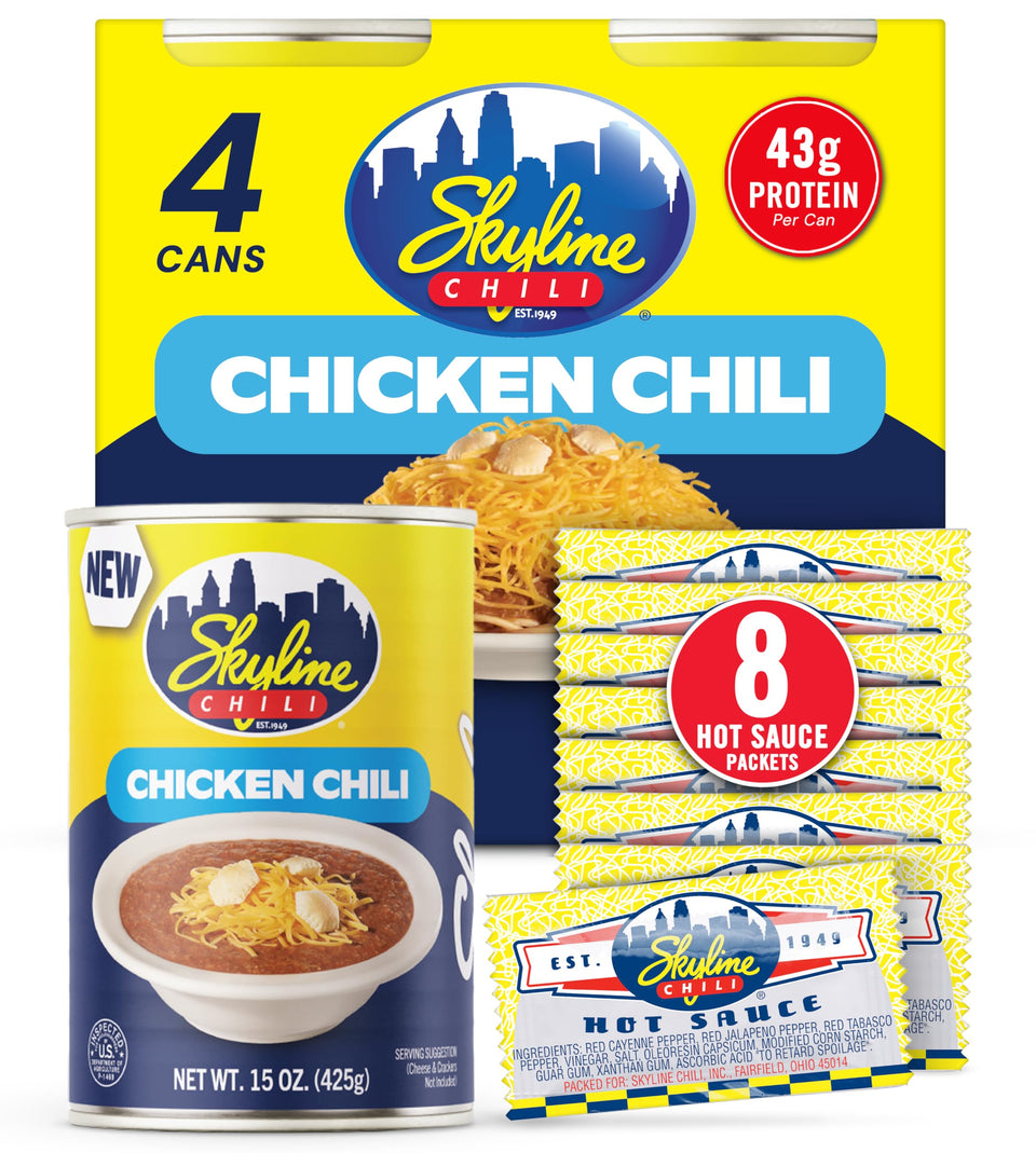 Skyline Chicken Chili bundle with four 15 oz cans for hearty weeknight dinners.