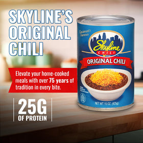 Skyline Chili can being heated for easy, high-protein serving.