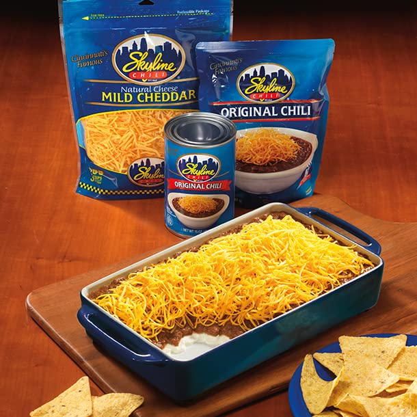 Skyline Chili eight-pack cans on shelf for convenient pantry meals.
