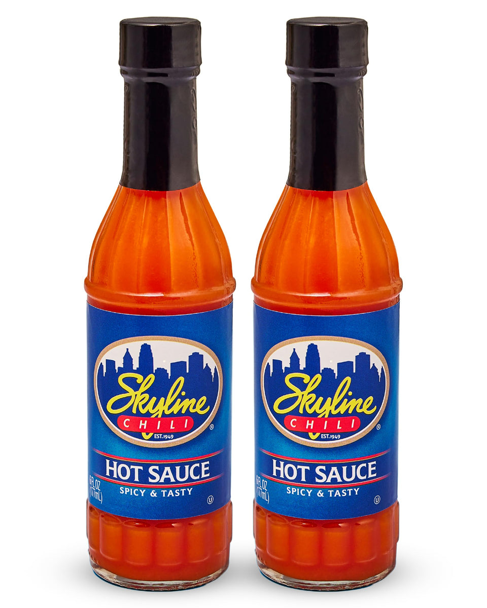 Skyline Chili Hot & Spicy Sauce bottle front with bold Cincinnati flavor for chili