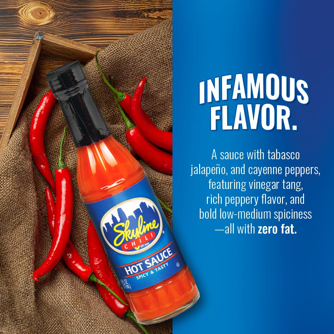 Skyline Chili hot sauce on a coney with cheese for a zesty kick.