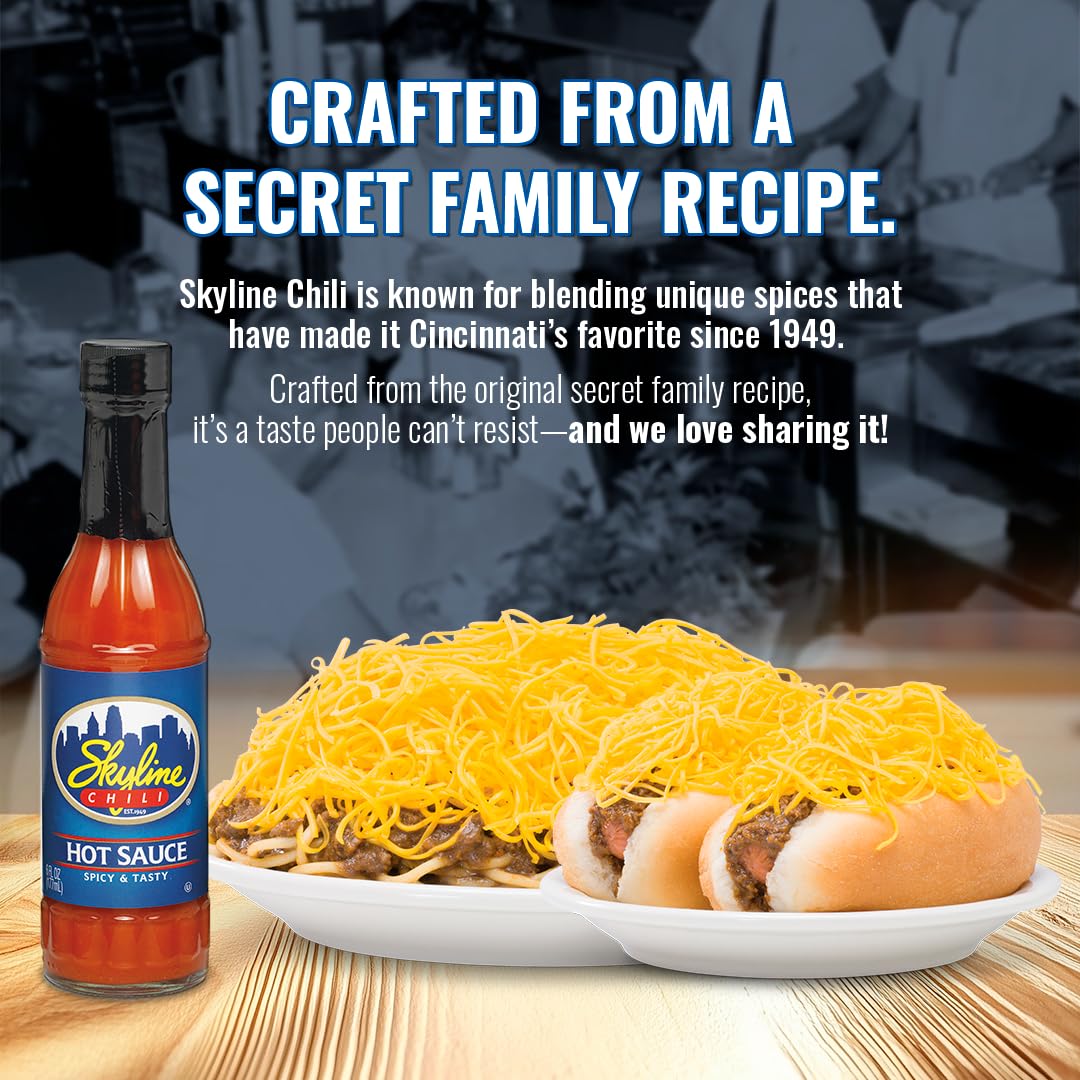 Three 6oz Skyline Chili bottles on kitchen shelf, ready.