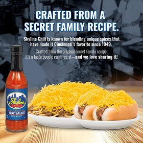 Three 6oz Skyline Chili bottles on kitchen shelf, ready.