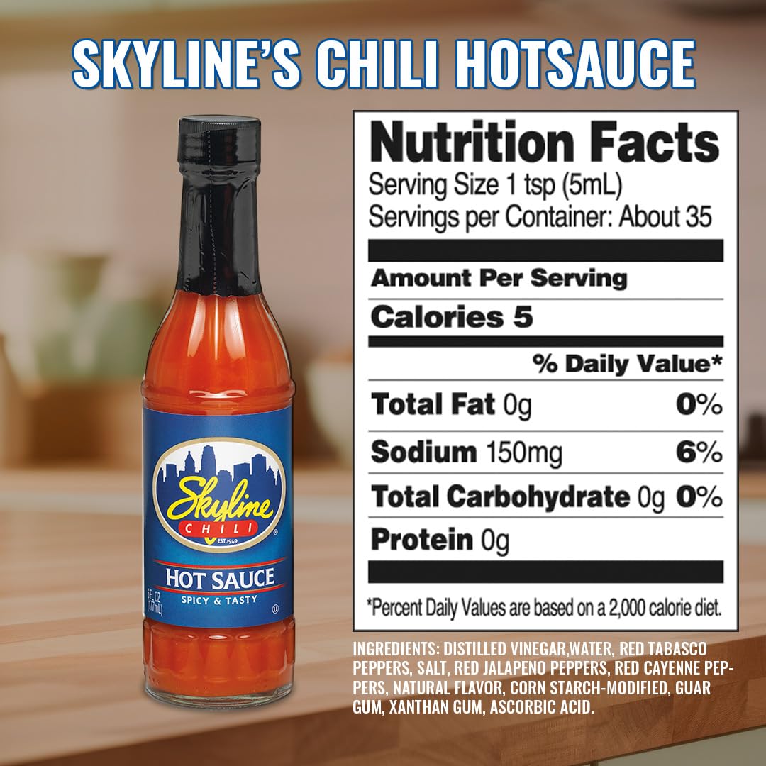Skyline Chili hot sauce pack on countertop shows convenient set.