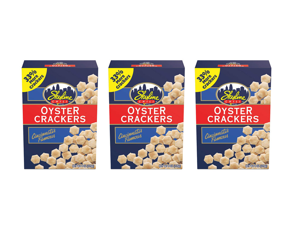 Skyline Chili oyster crackers 3-pack box front, crisp texture for soups and salads
