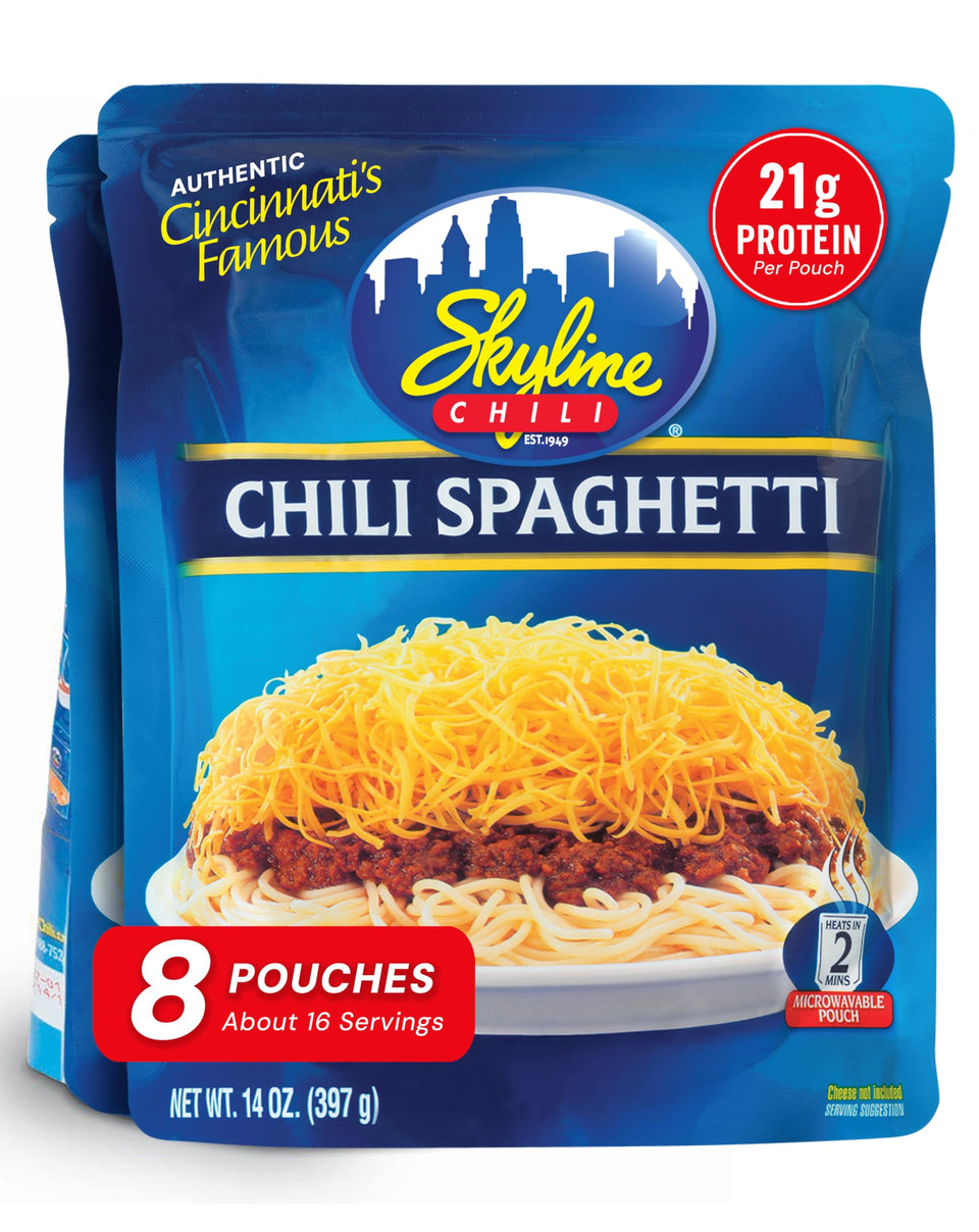 Skyline Chili 8-pack pouches on kitchen counter, ready for quick weeknight meals.