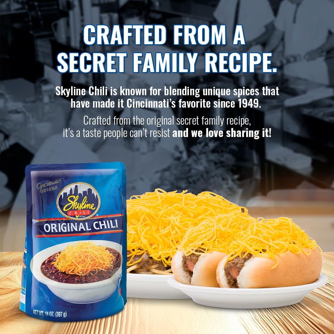 Skyline Original Chili topping on hot dog, ready for quick meals