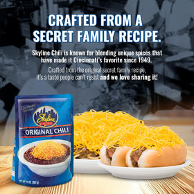Skyline Original Chili topping on hot dog, ready for quick meals