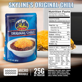 Skyline Original Chili pouch on pantry shelf, versatile ready-to-heat option