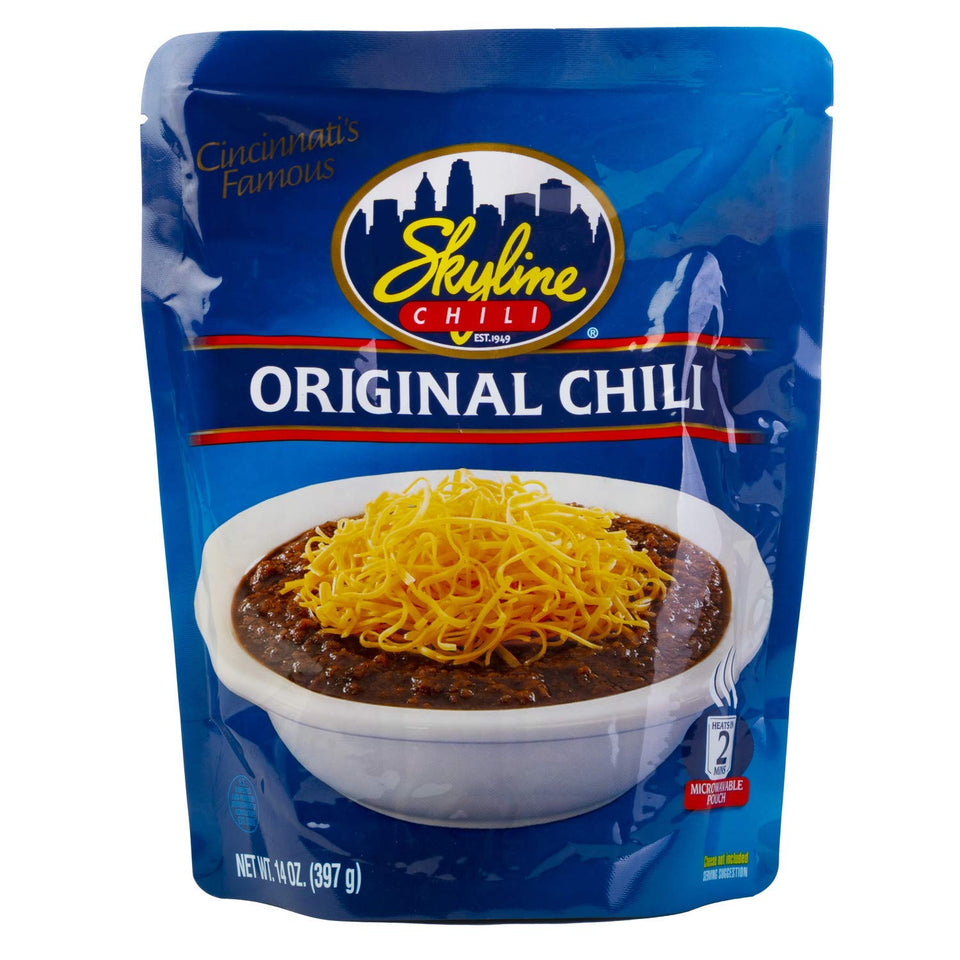 Skyline Original Chili pouch 14 oz close-up label showing hearty texture