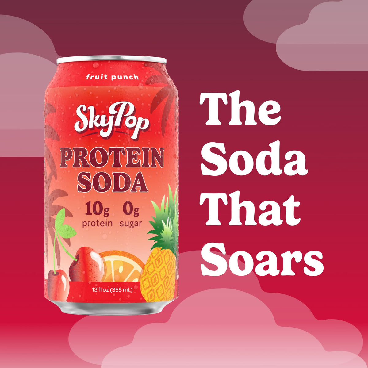 SkyPop Protein Soda bubbles up showing clean ingredients and zero artificial flavors.