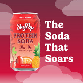 SkyPop Protein Soda bubbles up showing clean ingredients and zero artificial flavors.