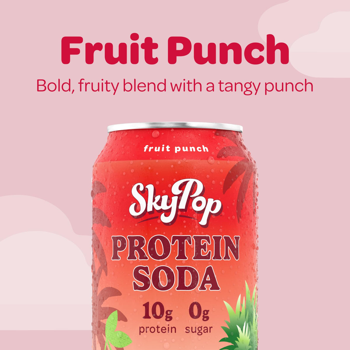 SkyPop Protein Soda on ice conveys a refreshing, caffeine-free option.