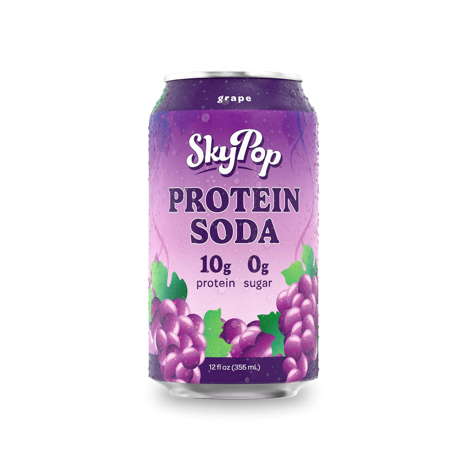 SkyPop Protein Soda grape bottle front view highlights bold flavor
