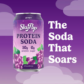 SkyPop Protein Soda grape label close-up shows clean ingredients
