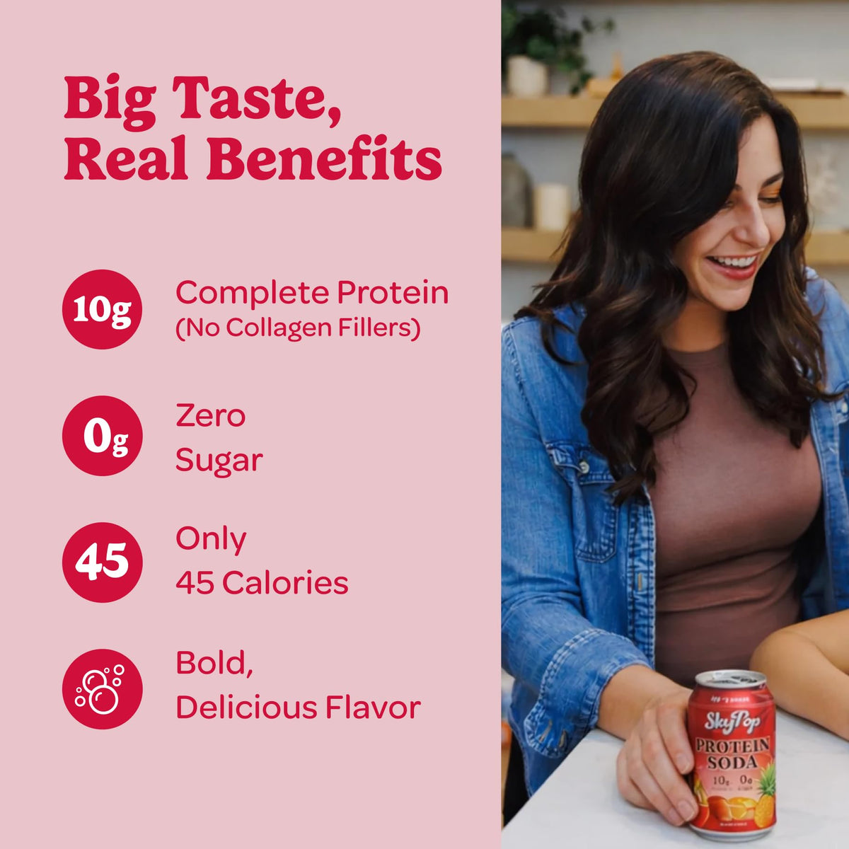 SkyPop Protein Soda nutrition panel highlights 10 g protein and 45 calories.