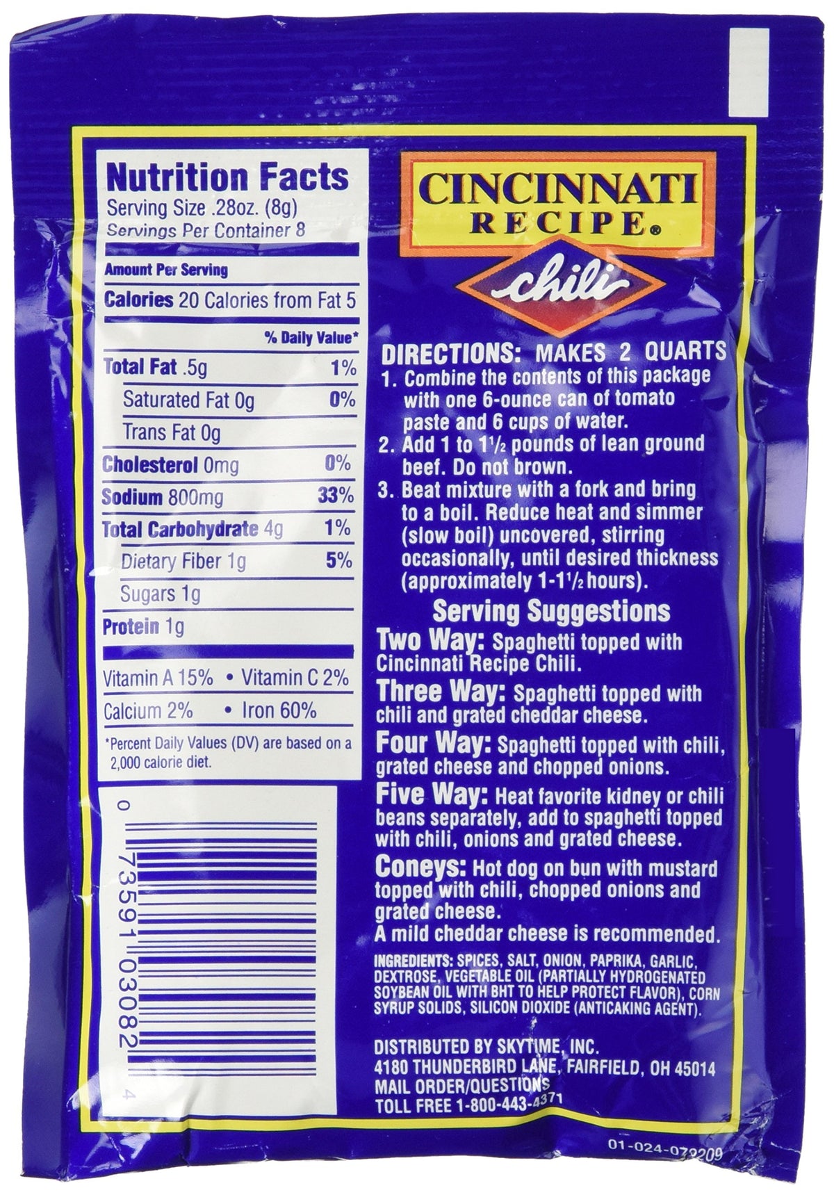 Skytime Cincinnati Chili Mix packet label: clear packaging for quick, flavorful chili prep.