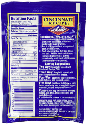Skytime Cincinnati Chili Mix packet label: clear packaging for quick, flavorful chili prep.