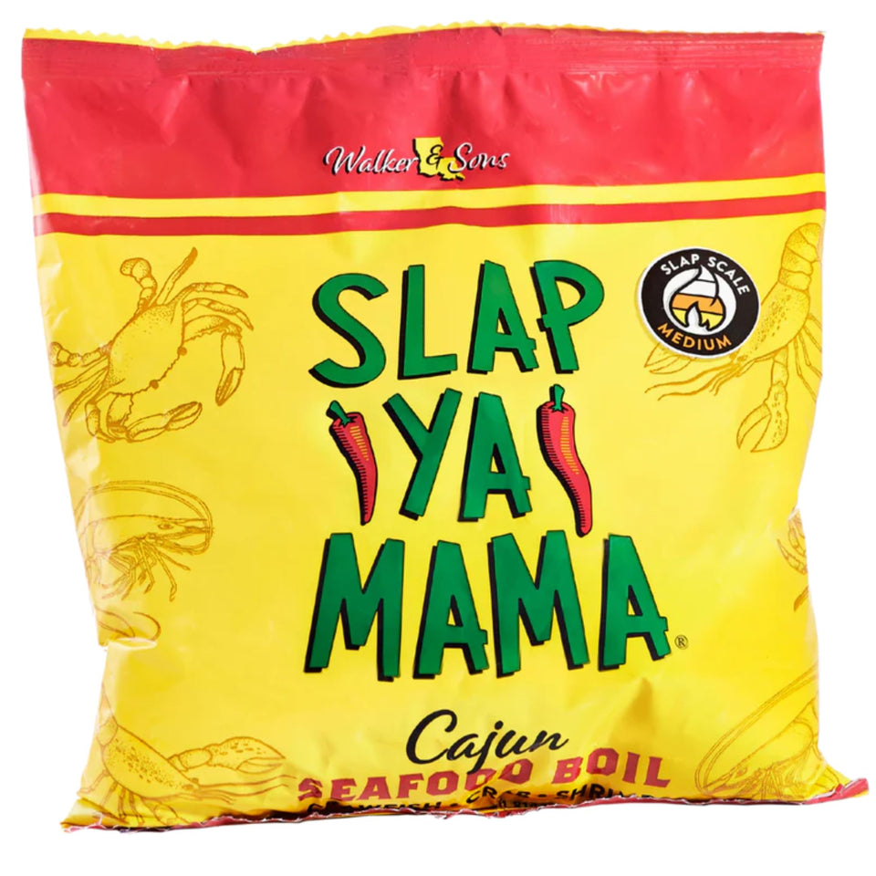 Slap Ya Mama Cajun seafood boil seasoning bottle for bold crawfish flavor.