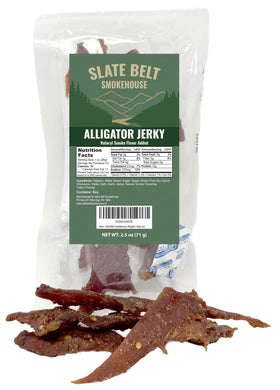Slate Belt Smokehouse Alligator Jerky bag front, bold snack for adventurous eaters.