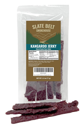 Slate Belt Smokehouse Kangaroo Jerky bag front shows bold, protein-rich snack perfect for explorers.