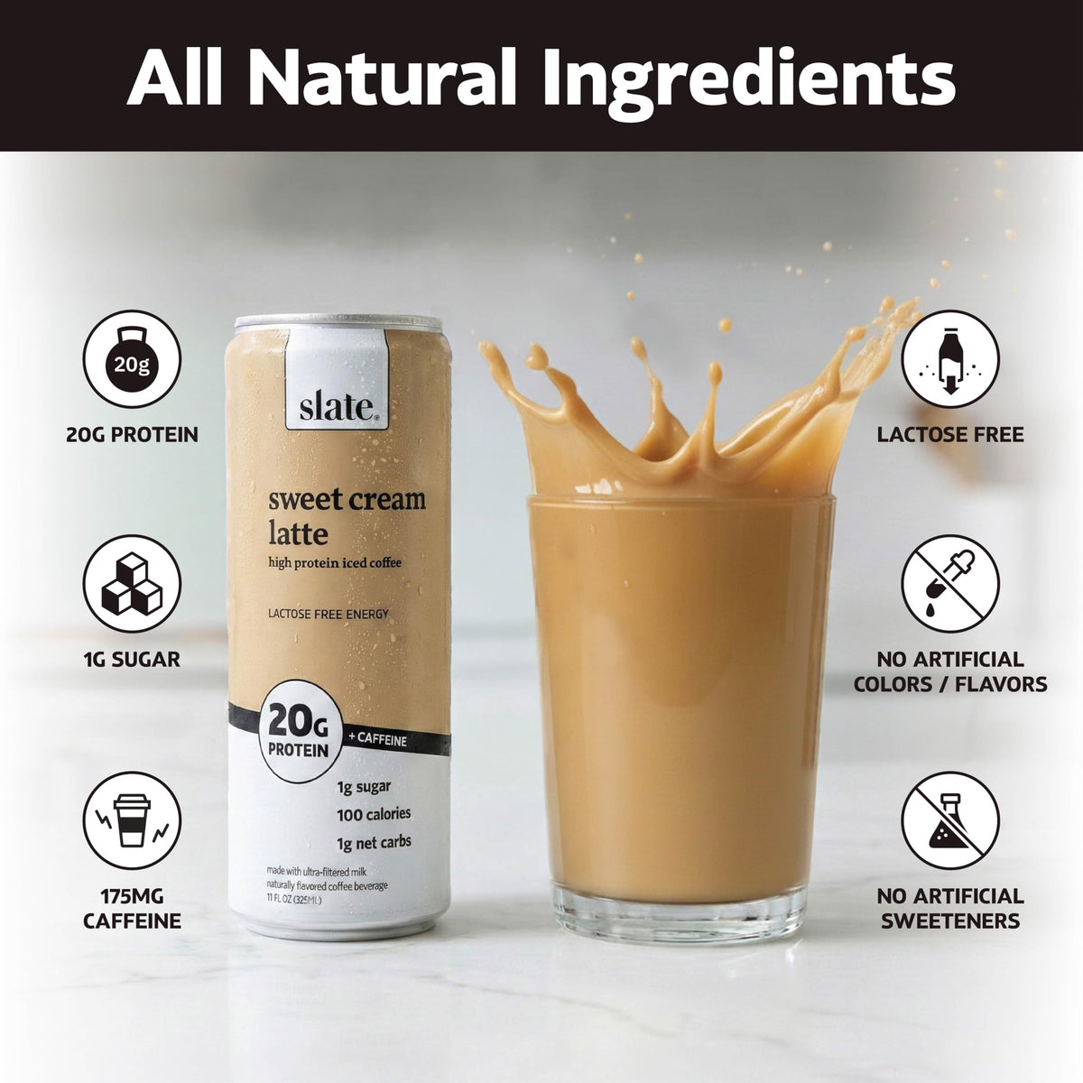 Slate Milk 175mg caffeine iced coffee can for focused energy