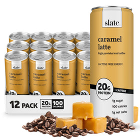 Slate Milk Caramel Latte can – ready-to-drink protein iced coffee for on-the-go energy.
