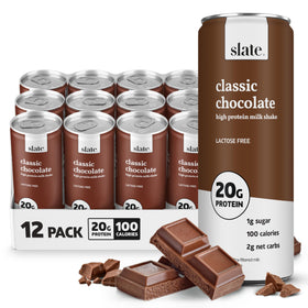 Slate Milk Classic Chocolate bottle shows lactose-free, 20g protein for a morning boost