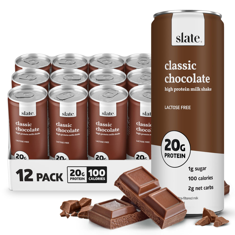Slate Milk Classic Chocolate bottle shows lactose-free, 20g protein for a morning boost