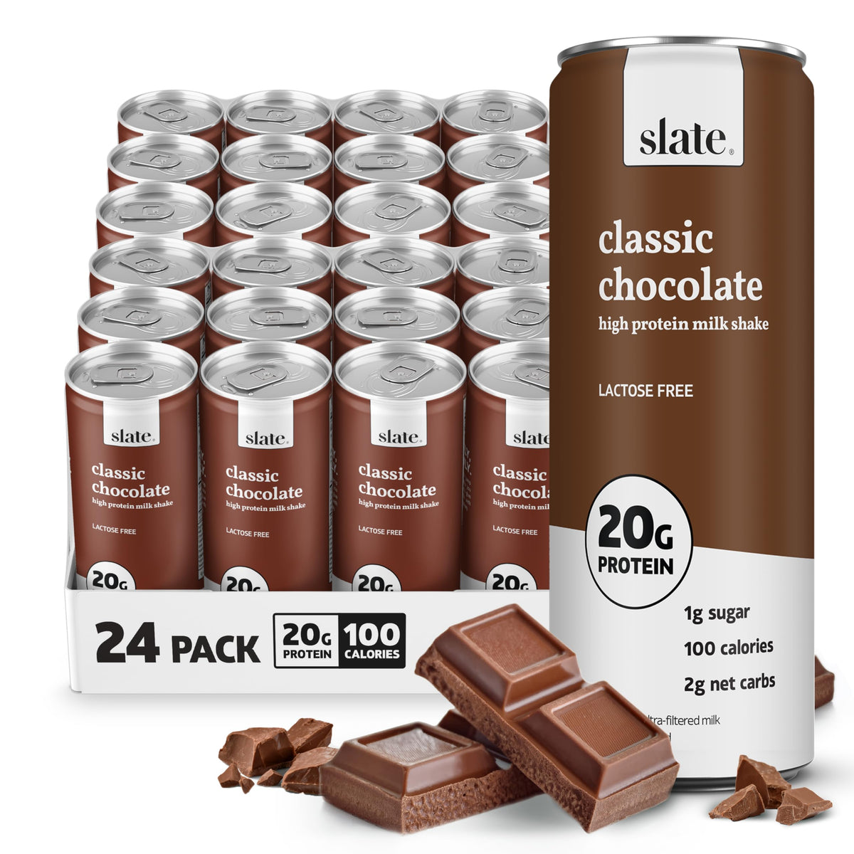 Slate Milk Classic Chocolate can showing lactose-free protein on the go.