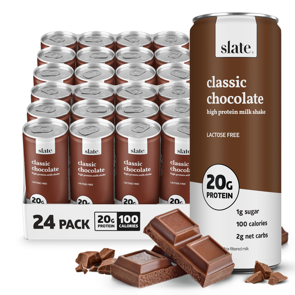 Slate Milk Classic Chocolate can showing lactose-free protein on the go.