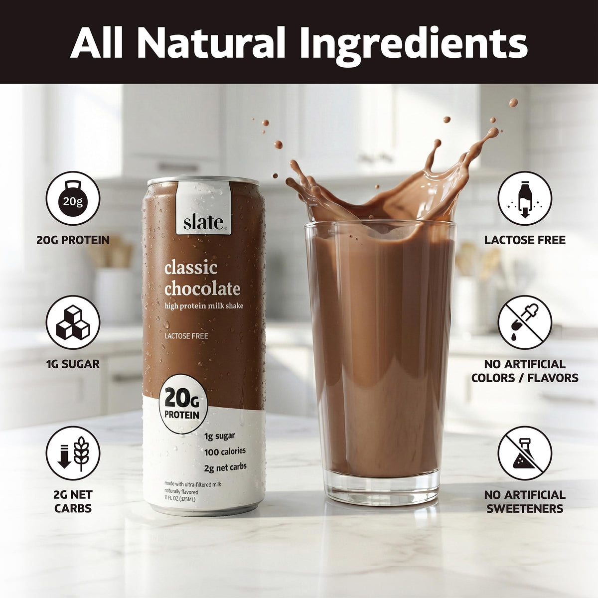 Slate Milk Core Pack cans laid out to showcase Classic, Dark, and French Vanilla flavors.