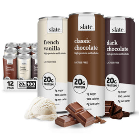 Slate Milk Core Pack front view with three lactose-free flavors for on-the-go protein.