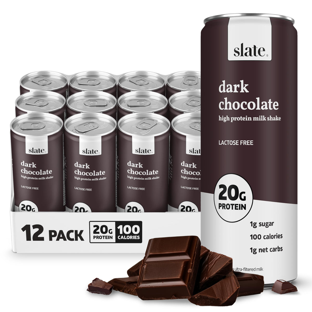 Slate Milk Dark Chocolate can shows lactose-free, 20g protein in 11 oz serving.