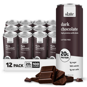 Slate Milk Dark Chocolate can shows lactose-free, 20g protein in 11 oz serving.