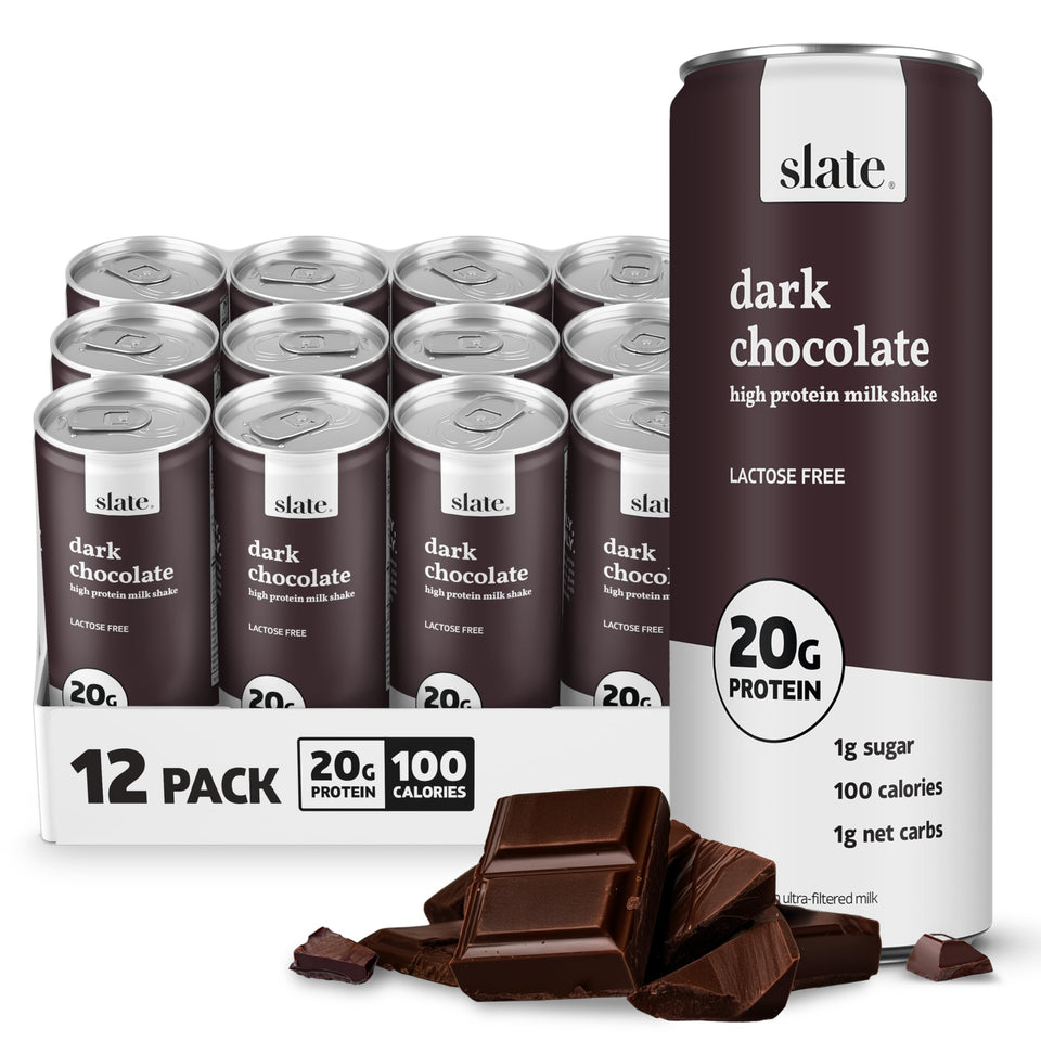 Slate Milk Dark Chocolate can shows lactose-free, 20g protein in 11 oz serving.
