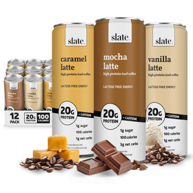 Slate Milk Caramel Latte energy can, lactose-free protein coffee for a busy morning boost.