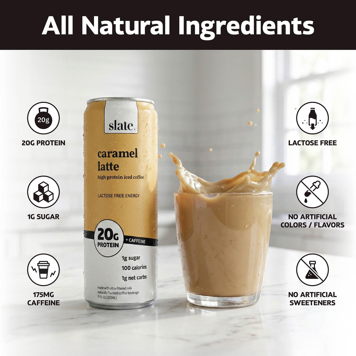 Slate Milk high-protein coffee can highlights 20g protein per serving