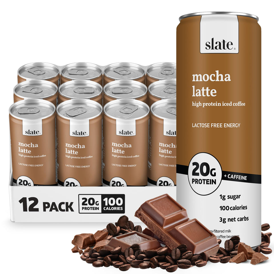 Slate Milk high-protein iced coffee Mocha Latte bottle ready for a protein boost