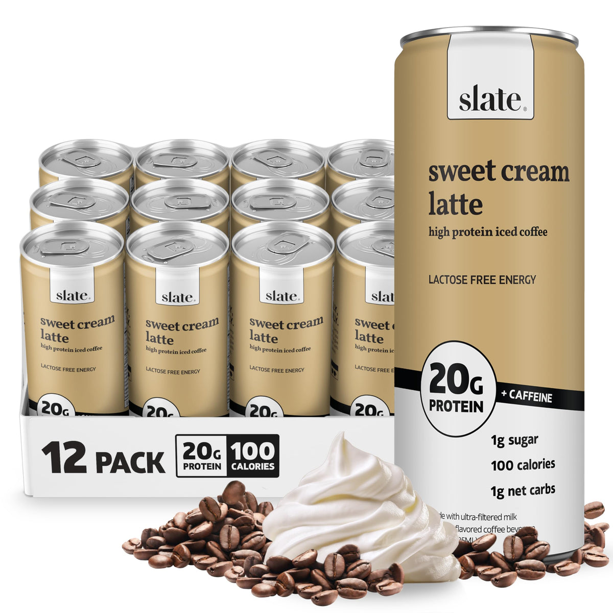 Slate Milk high-protein iced coffee can showing rich sweetness and on-the-go protein