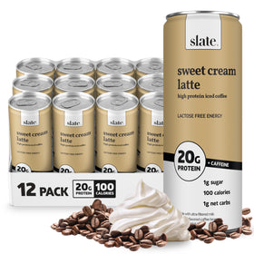 Slate Milk high-protein iced coffee can showing rich sweetness and on-the-go protein