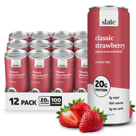 Slate Milk high-protein strawberry bottle shows lactose-free formula for a quick breakfast.